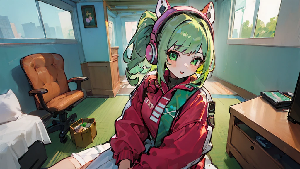 ((Highest quality, 8K, masterpiece: 1.3)), ((One girl:1.5)),Green Hair,Game Commentary,Headphones,A big smile,cute,In my room