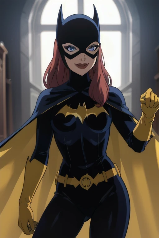 BarbaraG, 1girl, solo, long blue cape, blue mask, belt, gloves, blue eyes, superhero, long hair, bodysuit, lipstick, batgirl, room, smile, cape under her arms, cloak