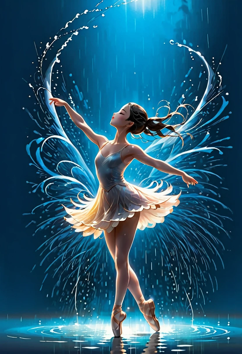 The silhouette of a ballet dancer gradually formed by the rain, Lake, Digital Art Style, Simple lines,Silhouette of a ballet dancer dancing beautifully from above, 暴雨 dancing with the light Simple lines, Silhouette Art, background, illustration, 暴雨background, cartoon, 纯色background, texture, lotus, Warm atmosphere, Mysterious feeling, Dancing in the heavy rain, A style that displays waterspouts and light