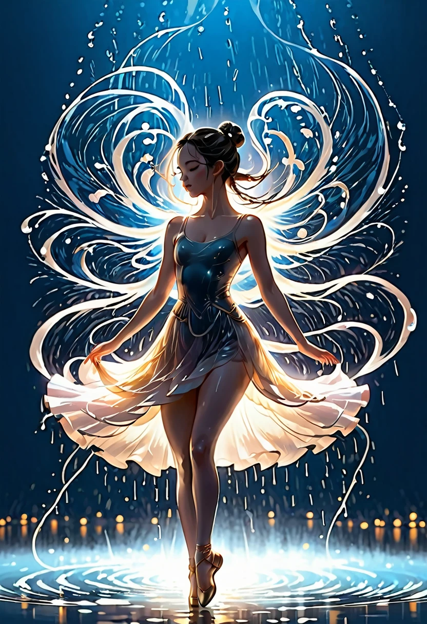 The silhouette of a ballet dancer gradually formed by the rain, Lake, Digital Art Style, Simple lines,Silhouette of a ballet dancer dancing beautifully from above, 暴雨 dancing with the light Simple lines, Silhouette Art, background, illustration, 暴雨background, cartoon, 纯色background, texture, lotus, Warm atmosphere, Mysterious feeling, Dancing in the heavy rain, A style that displays waterspouts and light
