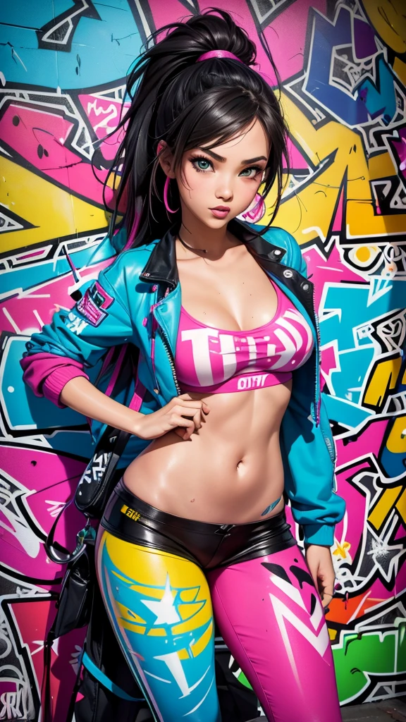 (best quality), (high detail), (vivid colors), (graffiti style), (freestyle), (Close up), (1girl), sexy female graffiti artist, spraying graffiti on a wall painted with street art, HDR, 4K, 3D, graffiti art style.