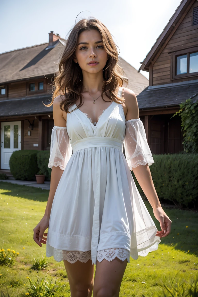 A beautiful woman with light delicately filtering through her hair, her summer dress is beautiful and she's standing in front of a cottage