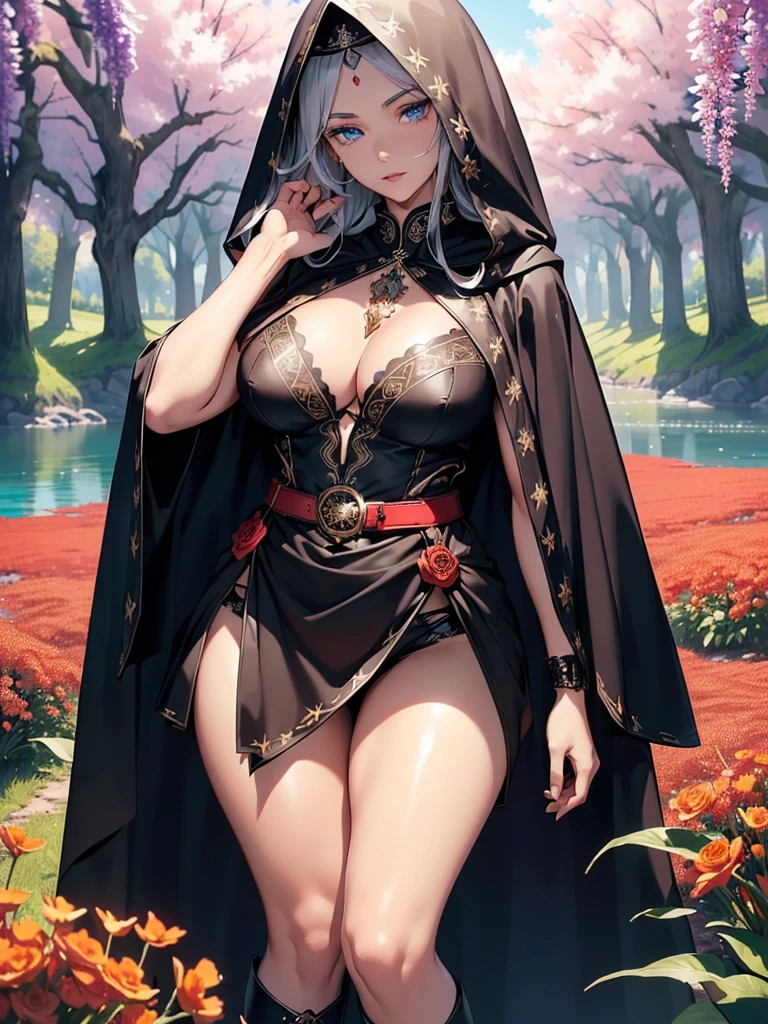 Realistic 3D anime style image of a dark-skinned woman wearing a long black hooded cloak ((covering her head up to her forehead)), ((cape and hood decorated with fine intricate details)), beautiful face, perfect beauty , detailed, symmetrical, two long strands of white hair on each side of the face, ((her blue eyes reflect the light of the stars)),(( beautiful eyes extremely detailed)), (beautiful lips)( well detailed full lips), perfect body, voluptuous body ,(((large breasts))),(a round silver medallion (with fine intricate details) tied to a silver chain hanging on her chest),(((narrow waist))),(((wide hips))) , (((thick thighs))),(long-sleeved black (neckless) blouse), (qipao collar decorated with fine intricate details), (black gloves with cuffs) (decorated with fine intricate details), (short black skirt with a sash, (in the sash she wears a leather belt from which a silver dagger hangs), long black stockings covering her legs to the middle of her thighs, (black ankle boots with flaps up to the knee), ((decorated with fine intricate details)). walking through a forest of wisteria trees, near a beautiful lake with crystal clear waters on a sunny day ((ground covered in beautiful red flowers)), high quality image,extremely detailed, masterpiece, 8k resolution,