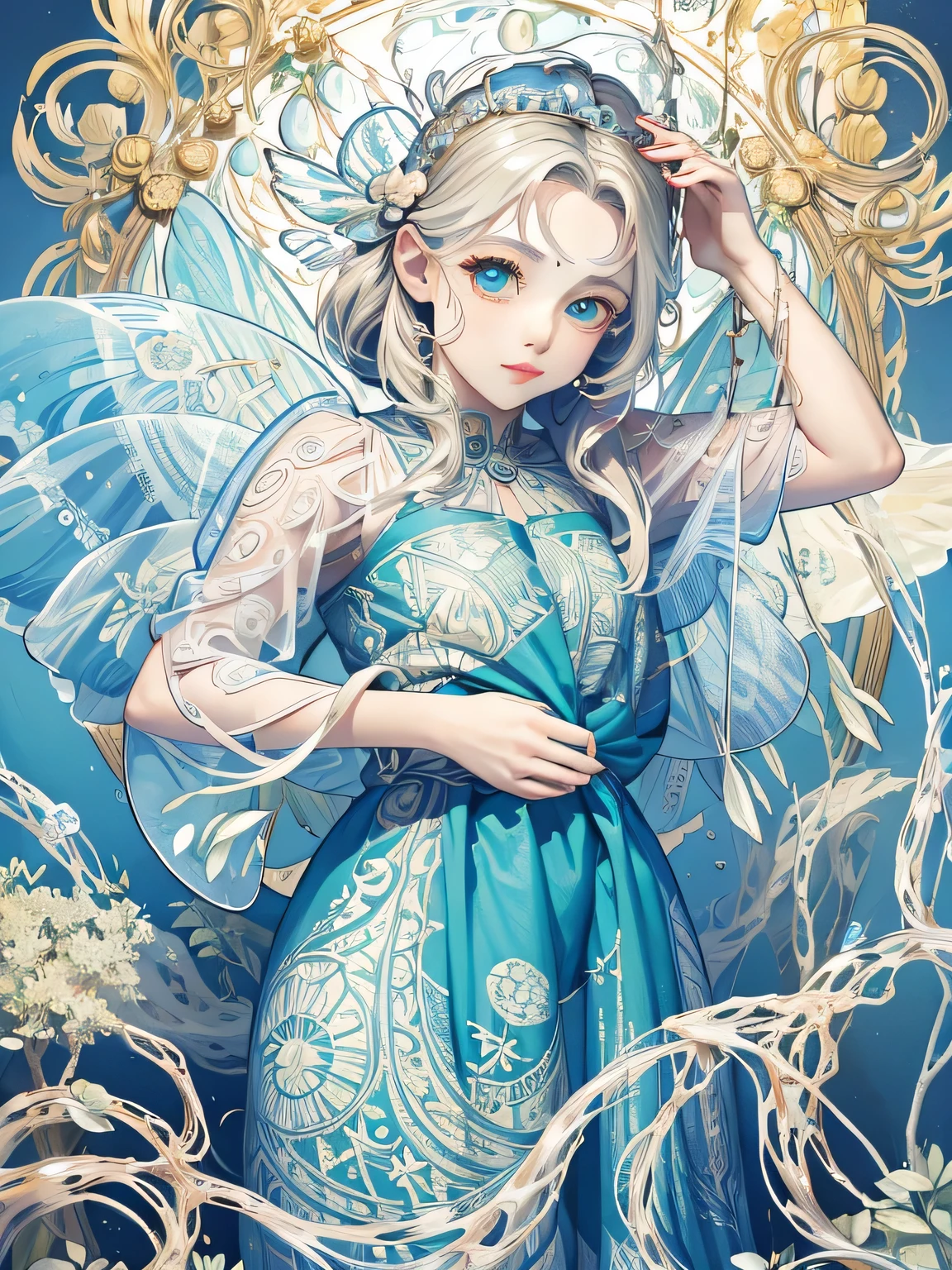 A fairy wearing a sea-patterned dress, Water's Edge, Sparkling, colorful, delicate