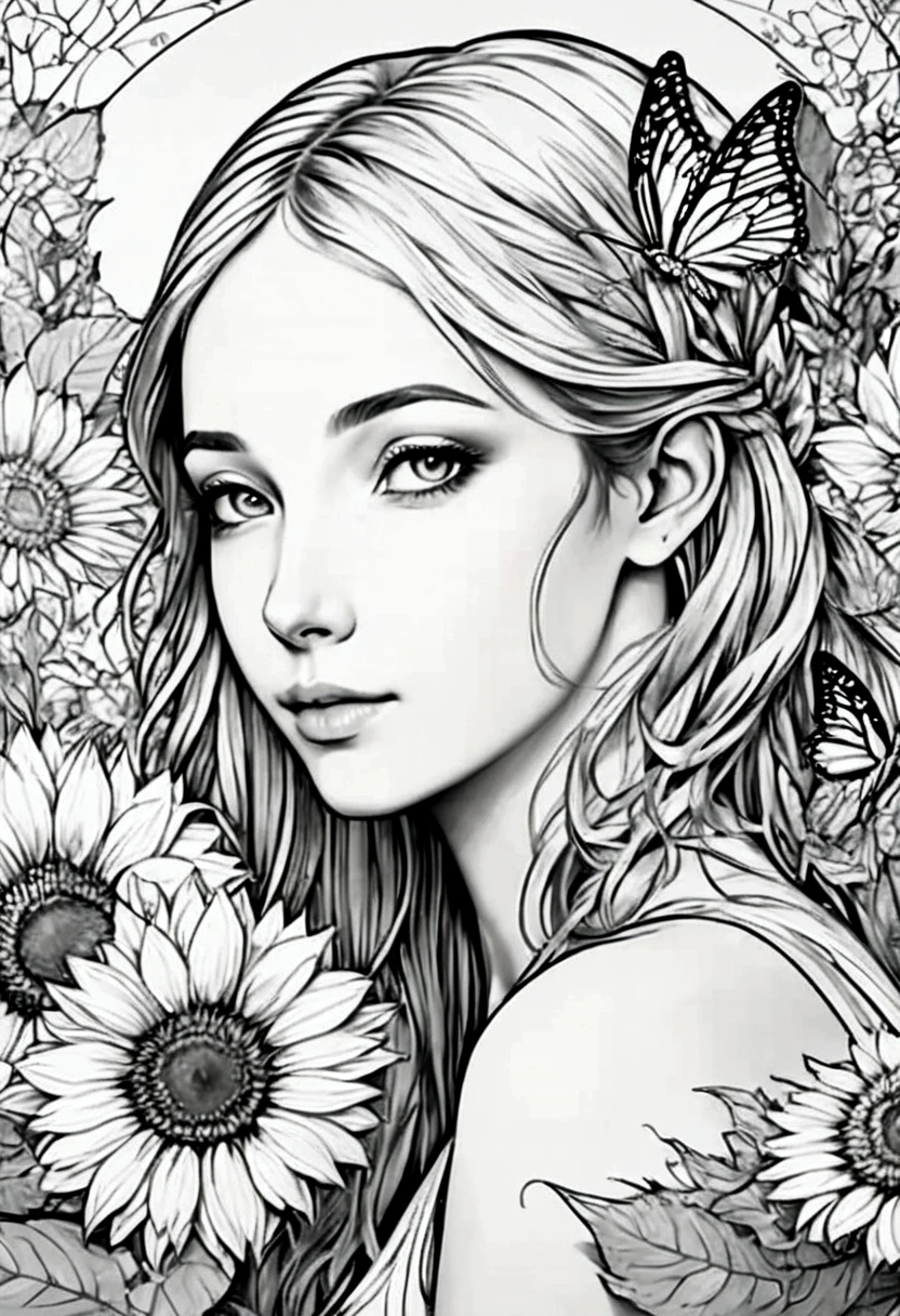 A delicate fairy with butterfly wings resting on a giant sunflower, clean line art, white background, colouring page, clean outline, sketch style, floral frame, decorative panel, abstract ,sketch, character lines and scenes without colors and shadows. (Masterpiece, Best Quality, Highres:1.4), Detailed, Intricate Details, 4K, color splashes, line art