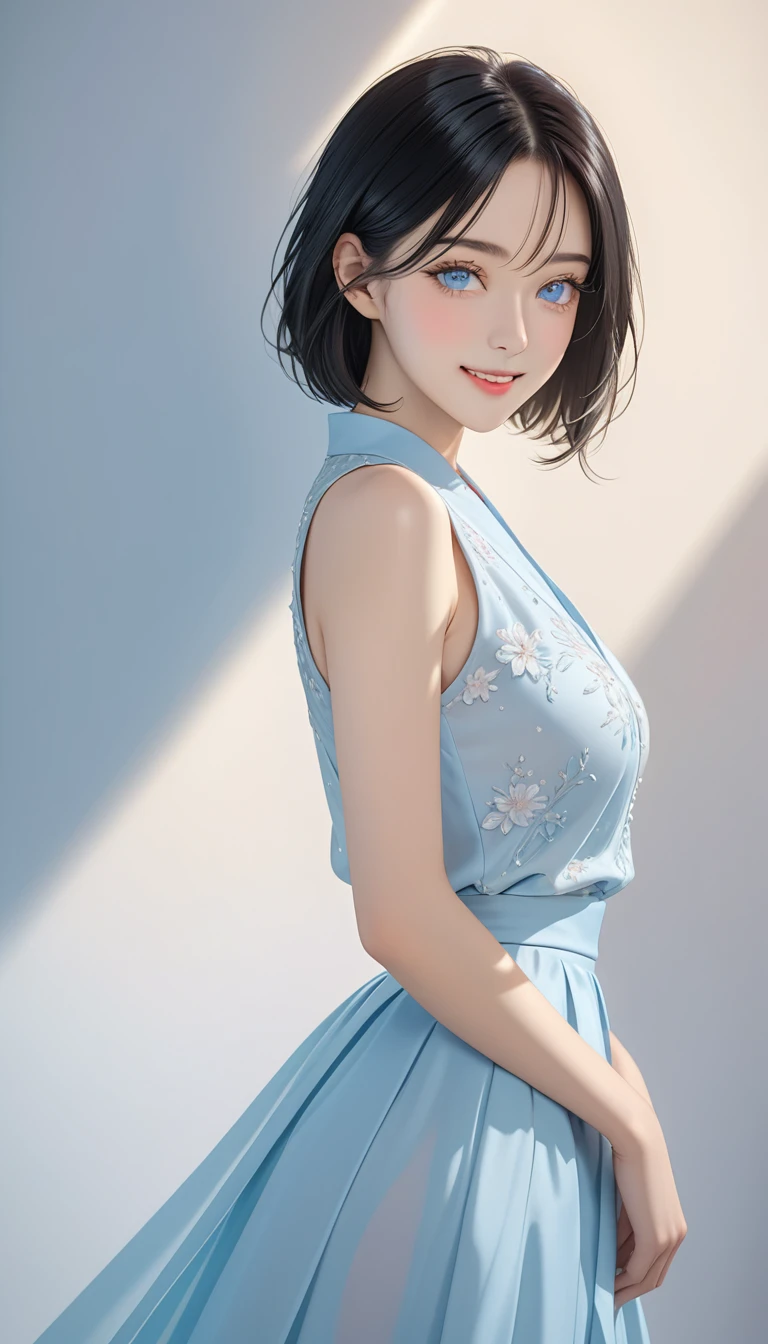 16k ultra-high definition CG wallpaper, masterpiece, Excellent image quality, Super exquisite item), (Great light and shadow, Exquisite and beautiful), Really smooth skin, Bright Face, 18K Close-up Perfect Display, change, Lovely, Sophisticated(Sleeveless blouse and long skirt)Beautiful woman wearing,(Are standing),Are standing女性,(Are standing posture), Feminine poses,Eyes that shine like jewels,(((Pale blue eyes))),Watery eyes,(((Black Hair))),(Long Bob: 1.4),(Medium Hair),Looking into the camera,Smile a little for the camera,Soft lips,Shyly,(Make sure your head does not go beyond the screen),