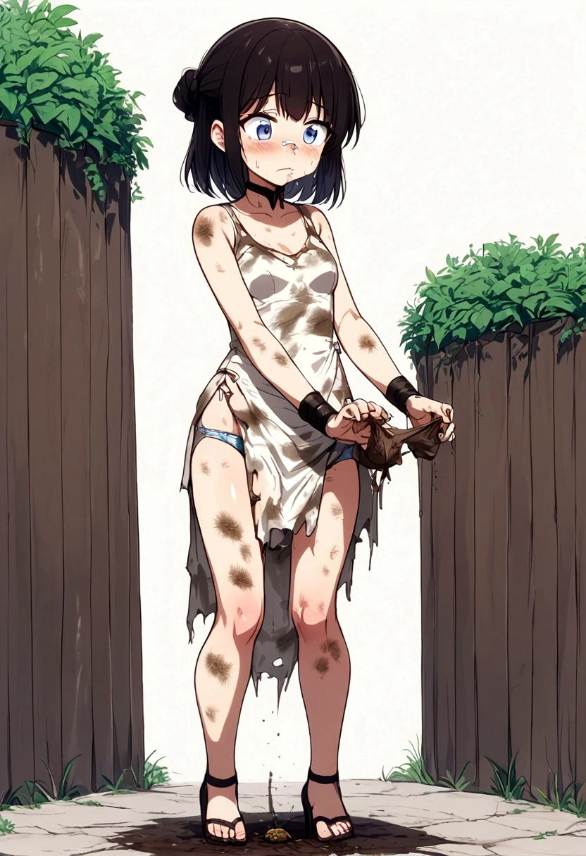 Anime. Young woman. Slave. dirty torn tunic. Dirty torn panties. Cold. Runny nose. Sneeze. Nasal mucus. Snot. Standing. In a lot of growth. Full body. She shit herself. Scat.