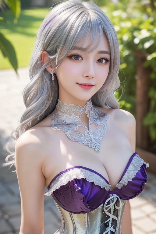 (Thin eyebrowouth closed)))))、((Very strong sunlight))、((((Beautiful silver hair))))、((Small Head))、(Beautiful silver hair with short wavy:1.2)、Full Body Shot、(((8K, Raw photo)))、 (((The face is that of cosplayer Enako))),(Shot from above in highly detailed 8K)、(Very delicate and beautiful)、(masterpiece)、(Highest quality:1.0)、(超High resolution:1.0)、Realistic Shadows、[High resolution]、 Detailed skin、Ultra-detailed、(Beautiful Hair)、Photorealistic、A vivid face、Big breasts and small waist、Realistic eyes、Small eyes、Looking at the camera、(((Between the breasts)))、(eyeliner)、(mascara)、 Pink lips、((Looks very happy))、Show your shoulders、Intricate patterns and transparent materials、Artistic depiction of a seductive woman, Accentuating her attractive silhouette。The scene was、Basking in the hot sun、It makes you feel the delicate beauty and charm of nature.。(((Intricate details))、Advanced Details、choker、Browsing Caution,((Highest quality、8K、masterpiece:1.3))、Sharp focus:1.2、 (((Patent purple and silver corset)))、((On the buttocks))