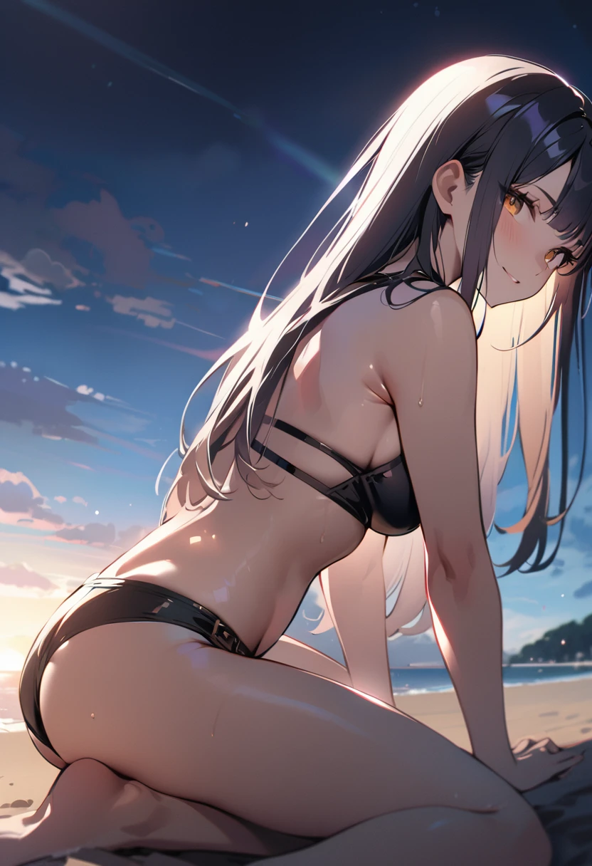 1 girl, 18 years old, long hair, black hair, straight hair, short bangs above brows, warm smile,
BREAK (masterpiece), (high resolution 8K), cinematic lighting, professional lighting, detailed eyes and face, detailed body,
BREAK bikini, (arching the back:1.2),
BREAK outdoors, beach, sunbeam,