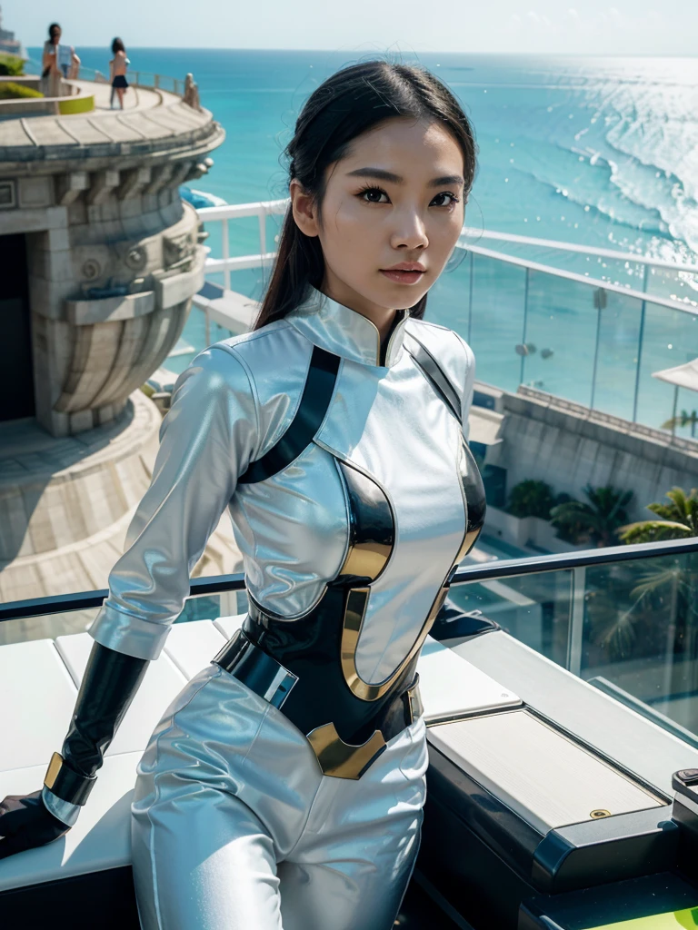   selfie, Chinese people,  calm face, 1 woman playing the piano wearing futuristic clothes, electric white, gold, black, background on the balcony of a futuristic building on the edge of the lime green beach, many islands and cliffs full HD, 16K, high contrast, high saturation, hyper realistic photos, good light, Nice face and very detailed