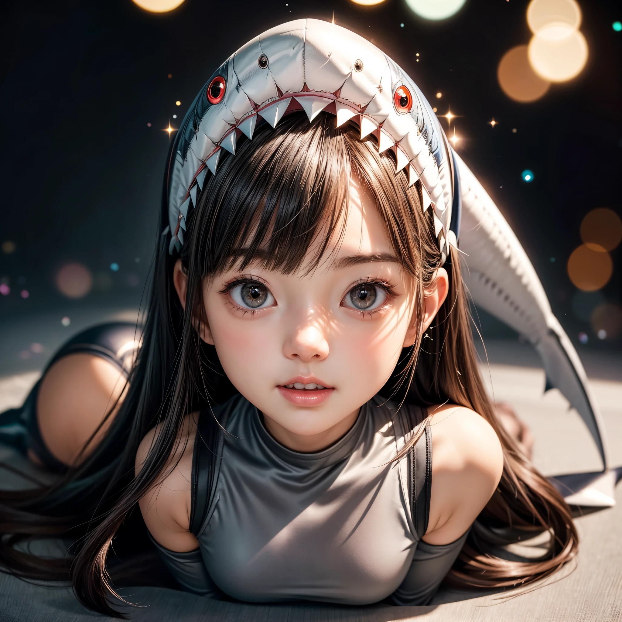 ((stuffed Shark head cap, Skinny BodySuit)), 8k, High-level, absurd, masterpiece, best quality, primitive, very detailed CG, very detailed wallpaper, perfect lighting, Extremely detailed ((( personifying " Shark" as a ))), MysticSight, Tyndall effect, Tyndall scattering, (Studio gray background with (Overflowing oodles Dazzling RainbowColorParticles (BokeH))), (RoundlyButts, ThighGap), (Exposed:0.4), (Assfocus with looking ahead) BREAK (Acutance:0.88), (NOGIZAKA face variations) Extremely Detailed very KAWAII face variations, perfect anatomy, Childish, CaptivatingGaze ElaboratePupils detailed Eyes with (sparkling highlights:1.28), (Voluminous LongEyelashes:0.88)、GlossyRED Lips with beautiful details, RosyCheeks, Radiant PearlSkin with Transparency . { (Dynamic LifeLike expressions:1.4) | (:d) }, (large eyes:-1) .