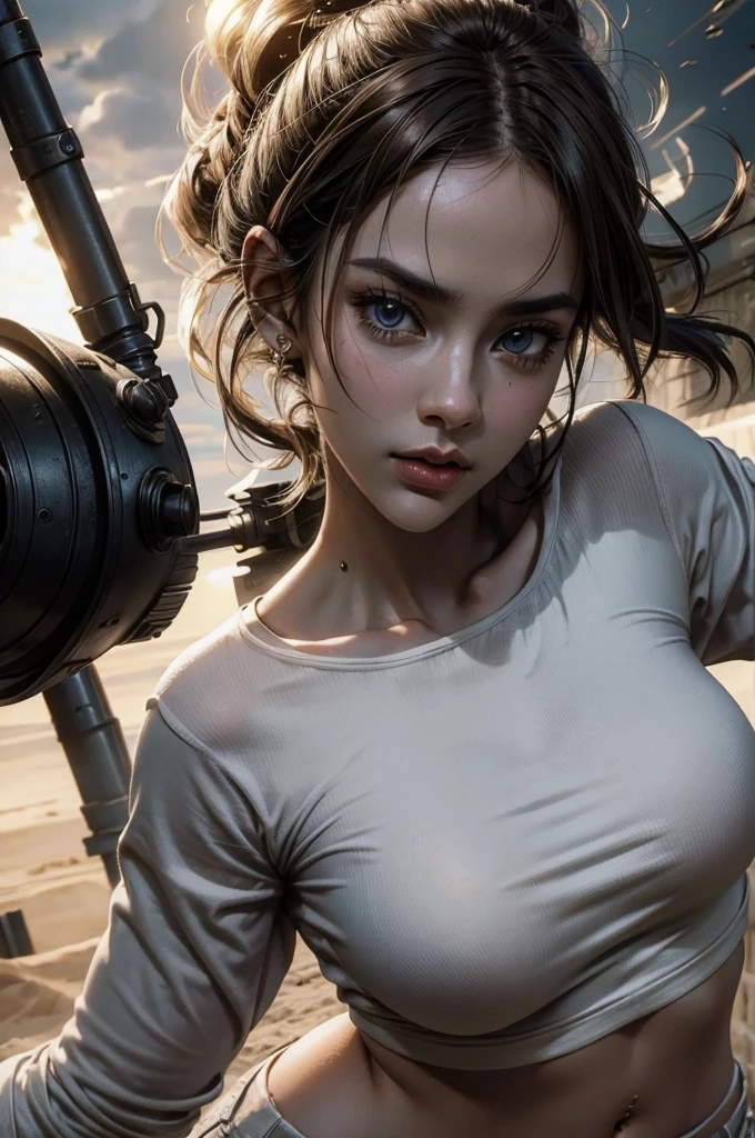 a busty female general with detailed facial features, beautiful detailed eyes, beautiful detailed lips, extremely detailed face, long eyelashes, wearing a white t-shirt and white shorts, leading a military assault on the battlefield, intense battle scene, military vehicle, explosions, detailed military equipment, cinematic lighting, dramatic shadows, vibrant colors, cinematic composition, highly detailed, masterpiece, hyper realistic, 8k, photorealistic