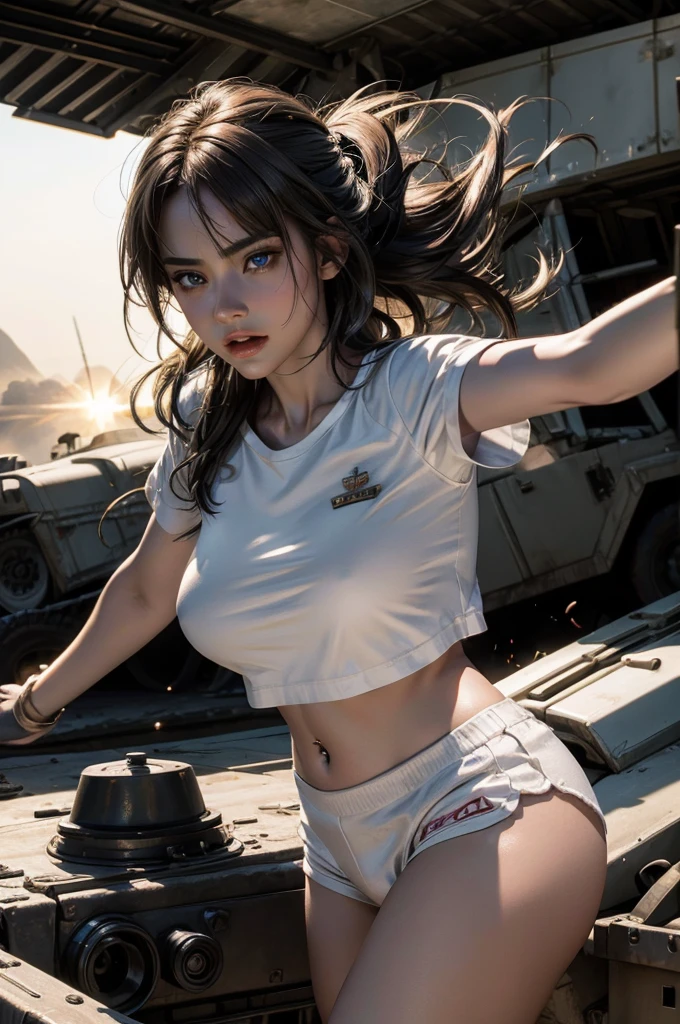 a busty female general with detailed facial features, beautiful detailed eyes, beautiful detailed lips, extremely detailed face, long eyelashes, wearing a white t-shirt and white shorts, leading a military assault on the battlefield, intense battle scene, military vehicle, explosions, detailed military equipment, cinematic lighting, dramatic shadows, vibrant colors, cinematic composition, highly detailed, masterpiece, hyper realistic, 8k, photorealistic