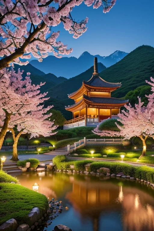 a beautiful detailed ancient peach blossom garden in China,intricate floral patterns,lush greenery,soft natural lighting,serene atmosphere,at night,(best quality,4k,8k,highres,masterpiece:1.2),ultra-detailed,(realistic,photorealistic,photo-realistic:1.37),landscape,vibrant colors,dramatic lighting,stunning scenery