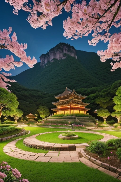 a beautiful detailed ancient peach blossom garden in China,intricate floral patterns,lush greenery,soft natural lighting,serene atmosphere,at night,(best quality,4k,8k,highres,masterpiece:1.2),ultra-detailed,(realistic,photorealistic,photo-realistic:1.37),landscape,vibrant colors,dramatic lighting,stunning scenery