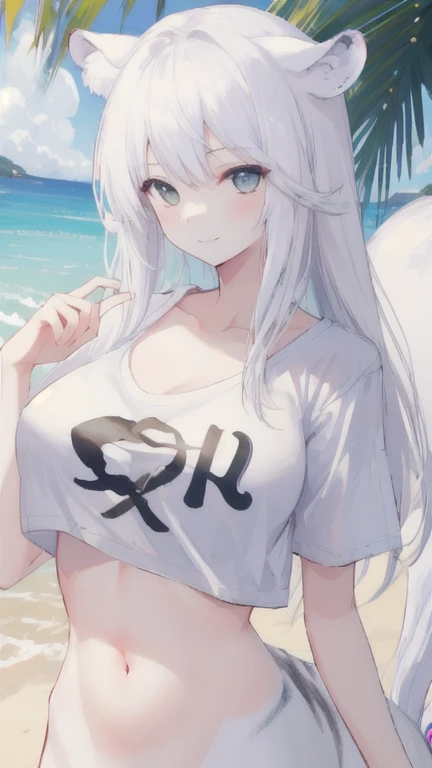 (best quality, masterpiece), 1 girl, centaur, It takes, White skin, Korean , Smiling,exposing the abdomen,belly button t-shirt,summer,아름다운 소녀 perfect white tiger photo, perfect white tiger photo