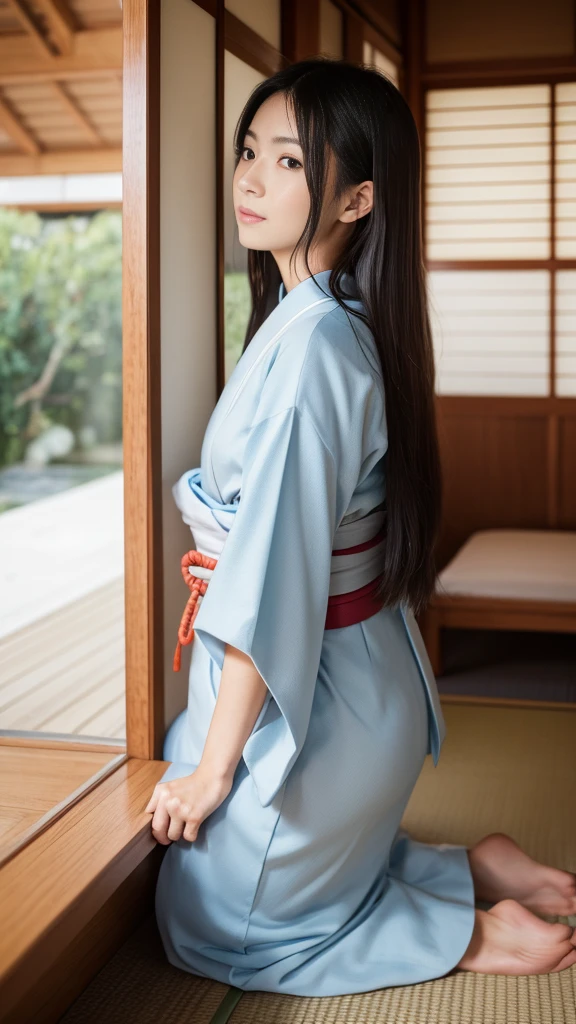 (Highest quality, 8K, Representative works in detail, Ultra-high resolution)), whole bodyポートレート、Frontal portrait、indoor、indoor、Japanese women,Age 25、barefoot、Stand up straight、whole body、Arms crossed、whole bodyを撮影する、whole bodyの画像、whole bodyポートレート、profile image、coastal、Tatami room、Sitting、wear Kimono、Long Straight Hair