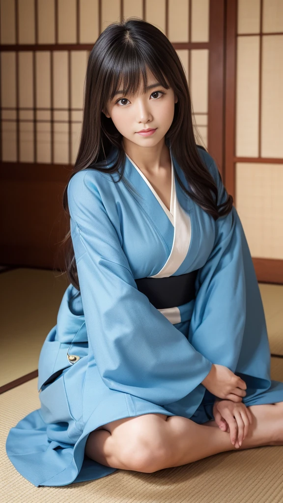 (Highest quality, 8K, Representative works in detail, Ultra-high resolution)), whole bodyポートレート、Frontal portrait、indoor、indoor、Japanese women,Age 25、barefoot、Stand up straight、whole body、Arms crossed、whole bodyを撮影する、whole bodyの画像、whole bodyポートレート、profile image、coastal、Tatami room、Sitting、wear Kimono、Long Straight Hair