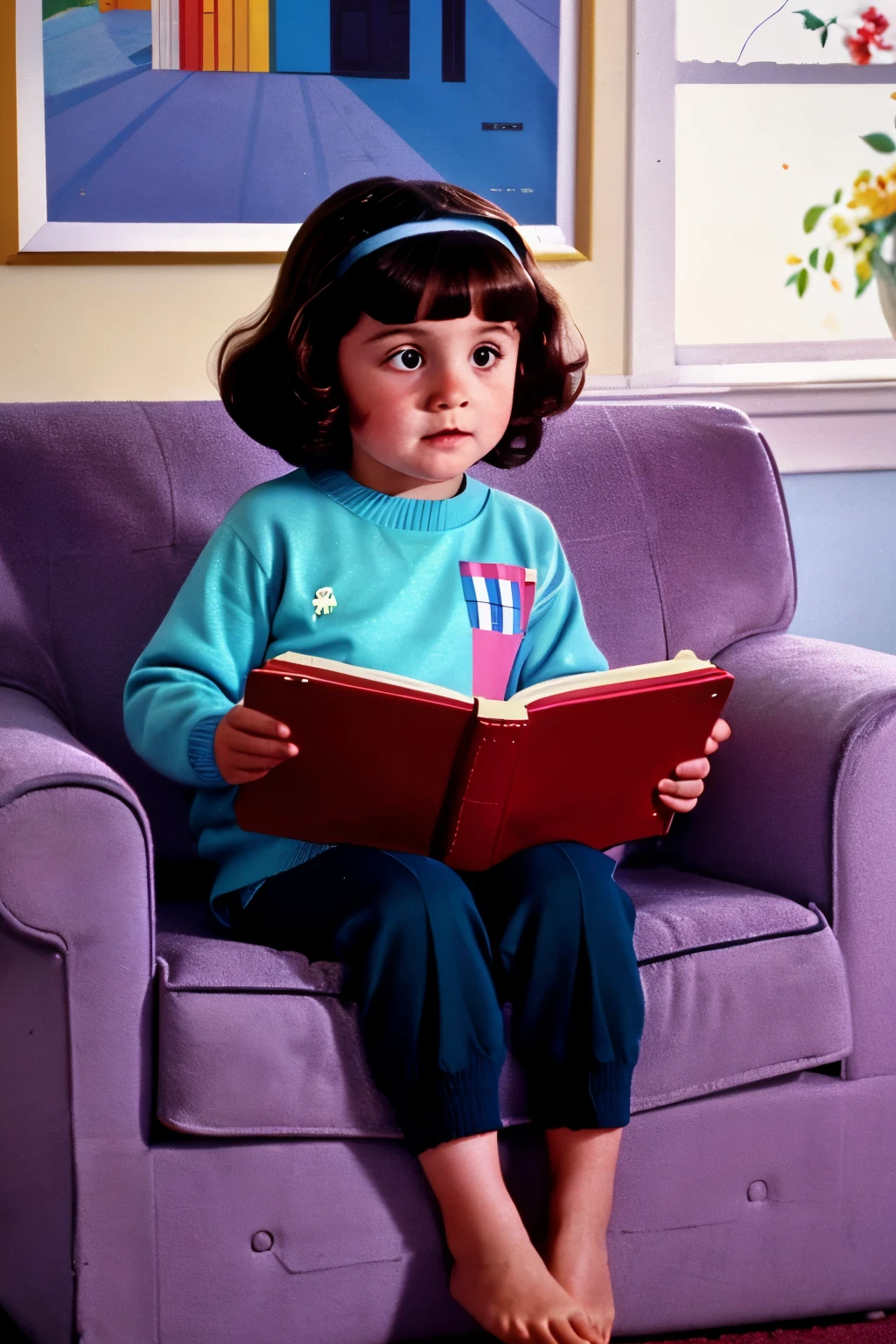 England, 1988. A little ((((5-year-old)) Matilda Wormwood)), sitting on an big armchair, reading a book, ((((clothings from the 1980s)))), ((dark hairstyle of the 1980s))