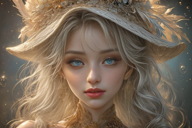 surrealist art ethereal fantasy concept art, high detailed,realistic,surrealist art fairy tale (masterpiece,best quality:1.2), 1girl, bellissima, solo, a woman wearing a white hat with feathers, blue eyes, white hair, (freckles:0.8),  sexy smile, close-up, white theme
BREAK
gold white palette, soap bubbles, painted flowers on white wall, (intricate background:1.4) magical, fantastical, enchanting, storybook style, highly detailed, dreamlike, mysterious, provocative, symbolic, intricate, detailed, magnificent, celestial, ethereal, painterly, epic, majestic, magical, fantasy art, cover art, dreamy, dreamlike, mysterious, provocative, symbolic, intricate, detailed
