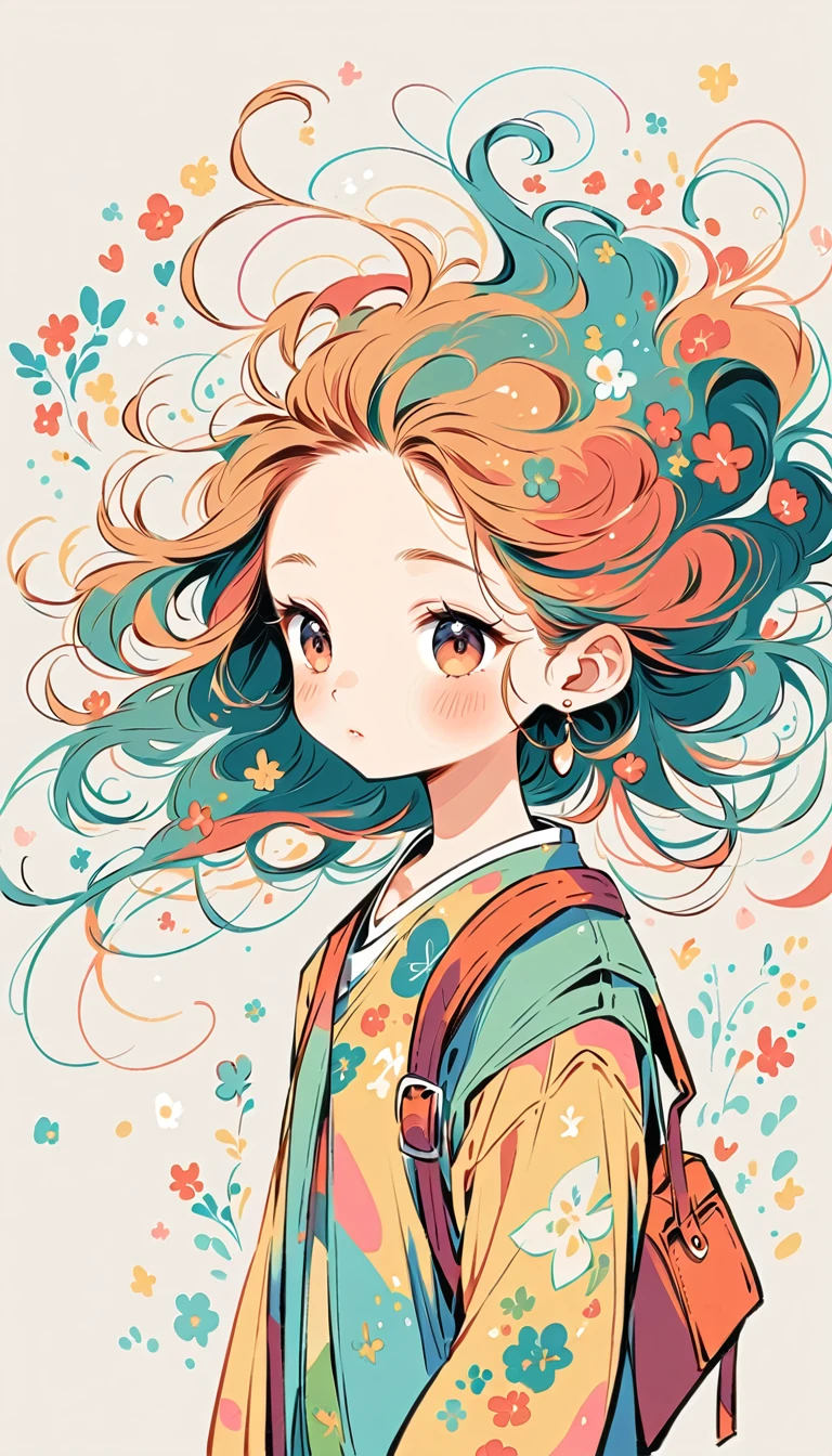 Girl carrying a Fujichoco style backpack，My backpack is full of happy spring，Simple line initialism，abstract art，background, (((The Most Beautiful Girl))),