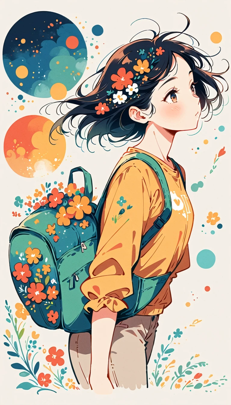 Girl carrying a Fujichoco style backpack,My backpack is full of happy spring,Simple line initialism,abstract art,background, (((The Most Beautiful Girl))),