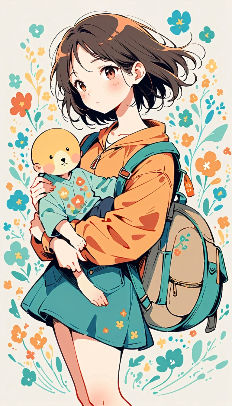 Girl carrying a Fujichoco style backpack，My backpack is full of happy spring，Simple line initialism，abstract art，background, (((The Most Beautiful Girl))),