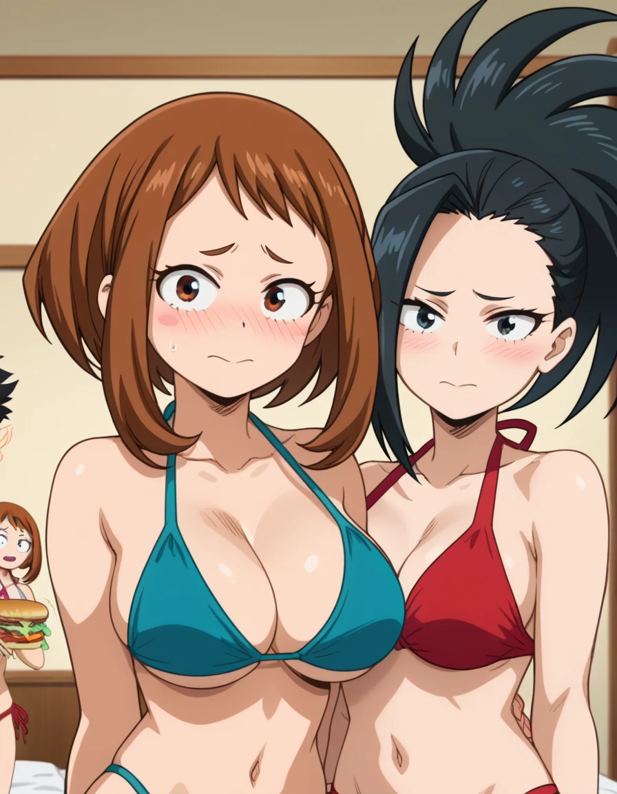 score_7_up, score_6_up, best quality, anime screencap, clear face, (2girls), yaoyorozu momo, ochako uraraka, bedroom, standing, looking at viewer, big breasts, bikini, blush, embarrassed, sandwich, (1boy, faceless male, male face out of frame), upper body