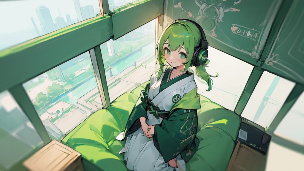 ((Highest quality, 8K, masterpiece: 1.3)), ((One girl:1.5)),Japanese,Green Hair,Game Commentary,Headphones,A big smile,cute,In my room