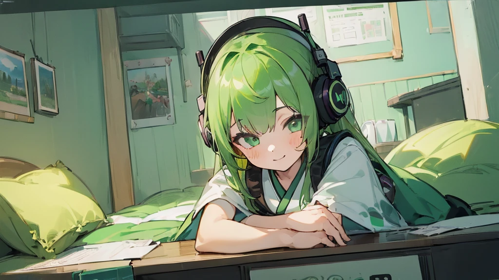 ((Highest quality, 8K, masterpiece: 1.3)), ((One girl:1.5)),Japanese,Green Hair,Game Commentary,Headphones,A big smile,cute,In my room