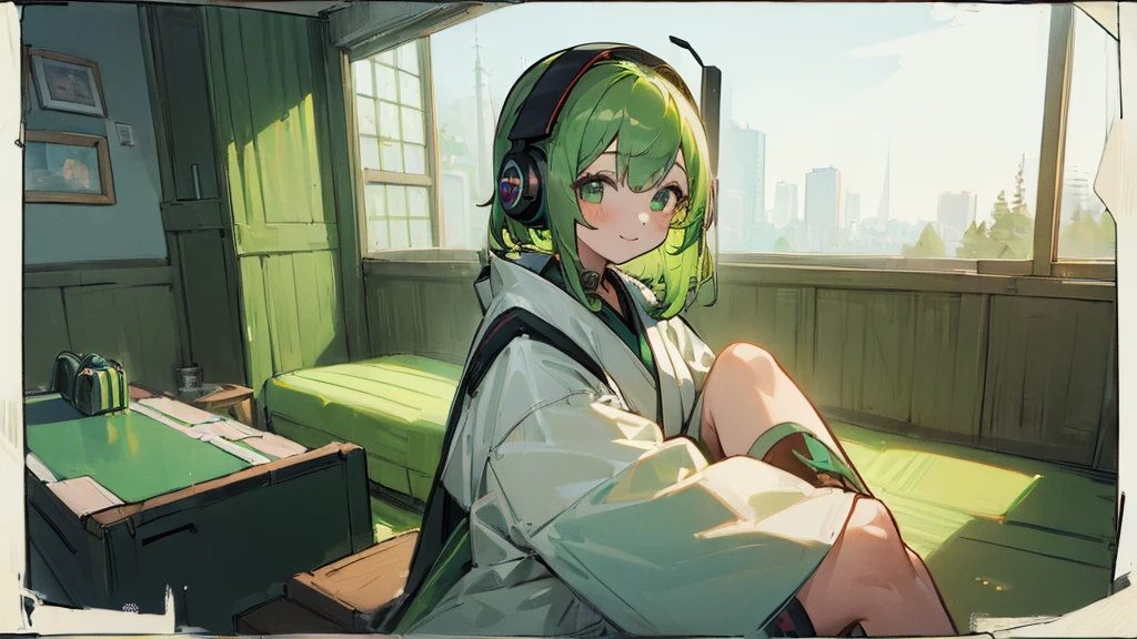 ((Highest quality, 8K, masterpiece: 1.3)), ((One girl:1.5)),Japanese,Green Hair,Game Commentary,Headphones,A big smile,cute,In my room