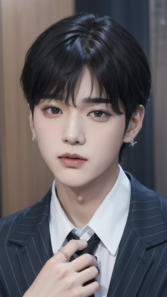 Image of black haired yoongi, young pale angel, innocent look, Suga BTS, chico bts, pale korean adorable face, taken in the early 2020s, has a penetrating look, key still, ten reads, kpop idol suga, Min Yoongi, Yoongi BTS way. Realistic hyper realistic real image 