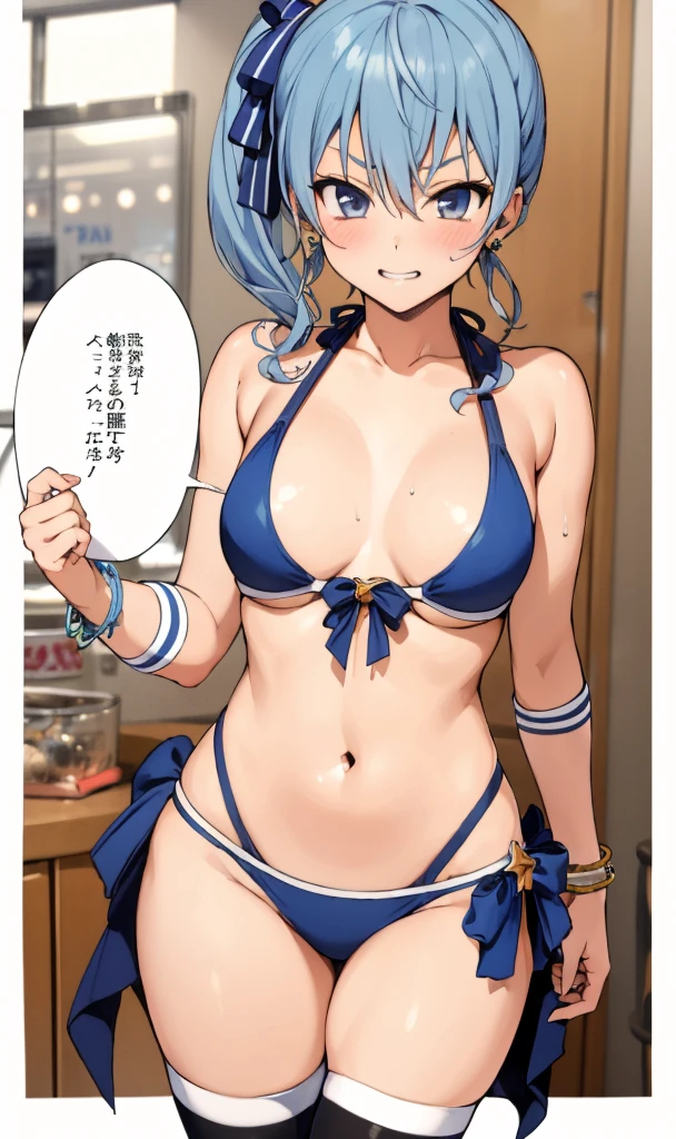 1girl, solo, detailed face, , , long hair,,,,looking viewer,side ponytail,,(((bikini,gyaru))),nsfw,,thighhighs,,grin,earring