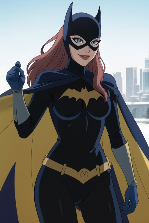 BarbaraG, 1girl, solo, long blue cape, blue mask, belt, gloves, blue eyes, superhero, long hair, bodysuit, lipstick, batgirl, park, smile, cape under her arms