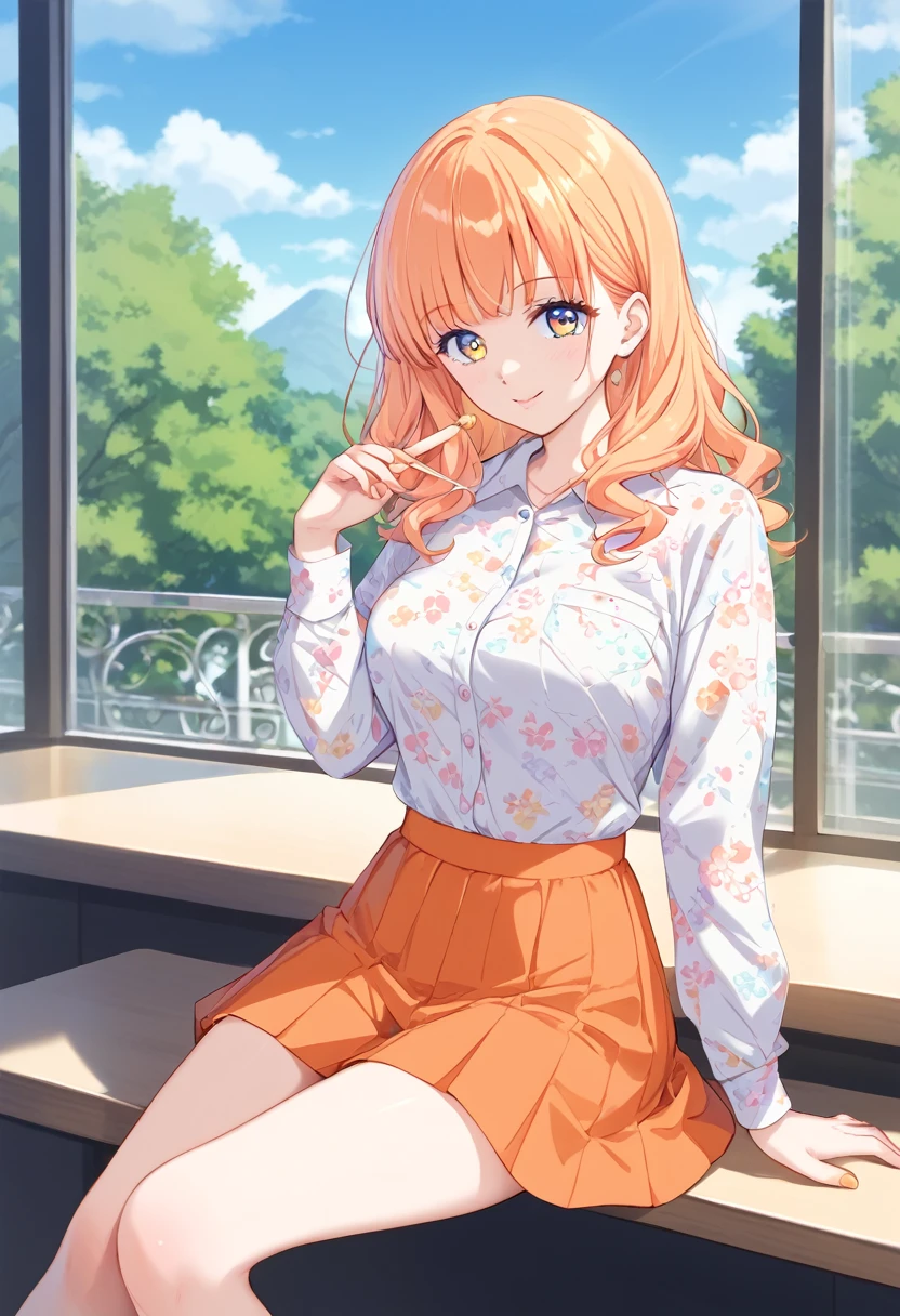 A very beautiful woman, orange skirt, sitting, anime, pastel