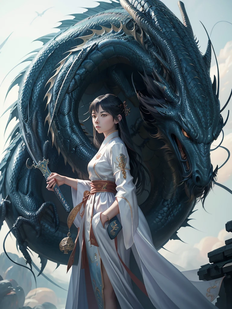 a woman standing in front of a dragon with a sword, by Yang J, queen of dragons, Dragon Girl, anime fantasy illustration, the dragon girl portrait, dragon-inspired cloth robes, Artgerm and Ruan Jia, Anime fantasy artwork, human and dragon fusion, Chinese fantasy, alice x. zhang, krenz cushart and wenjun lin