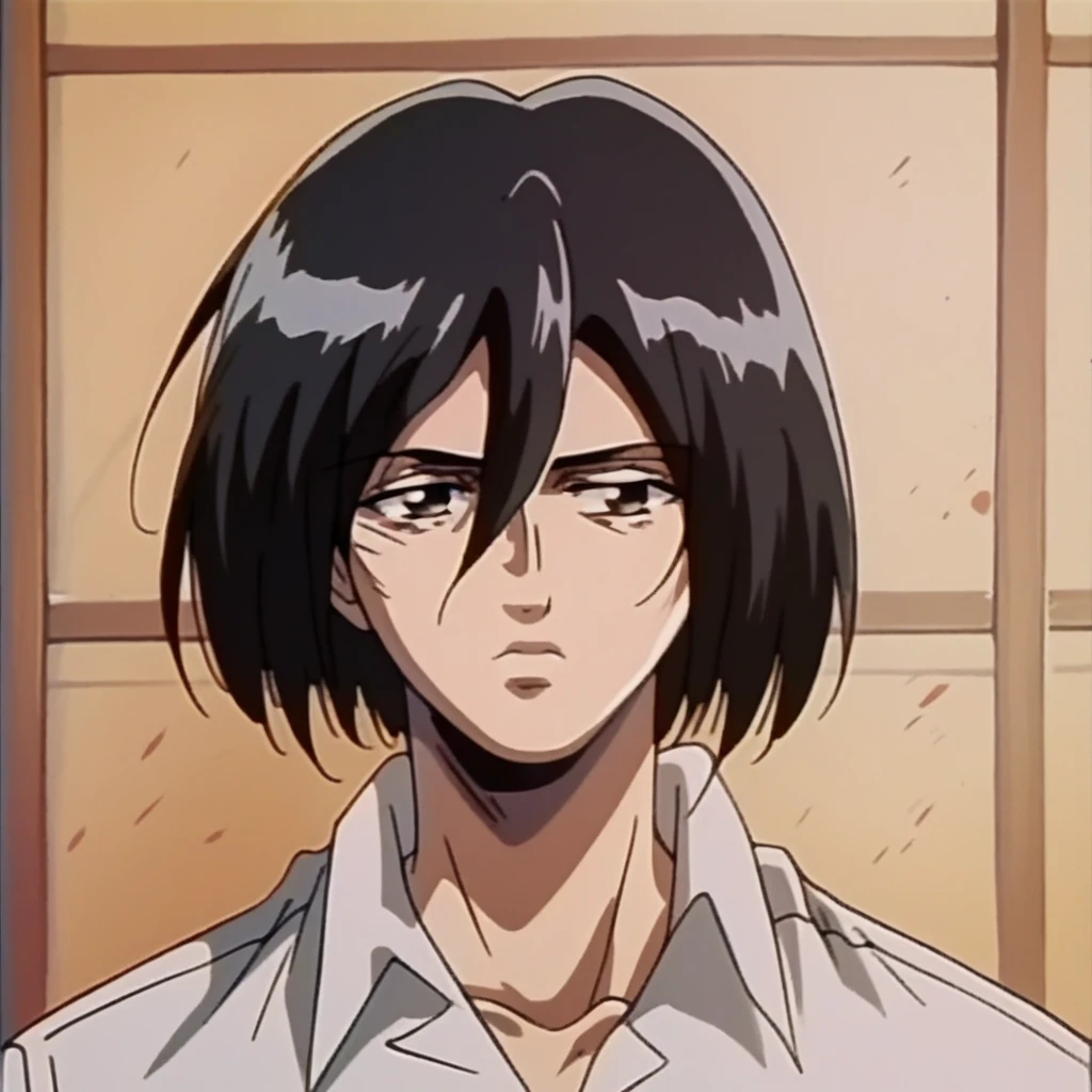 Mikasa Ackerman from attack on Titan, 1990's anime art style, high detail, upper half of body in frame