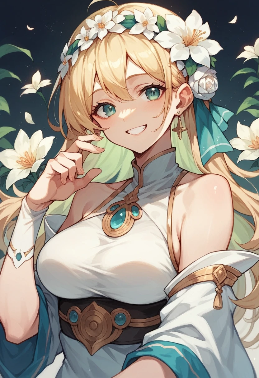 Anime woman wearing a white shirt wearing a white arm warmer, smiling face wearing an amelati flower headband