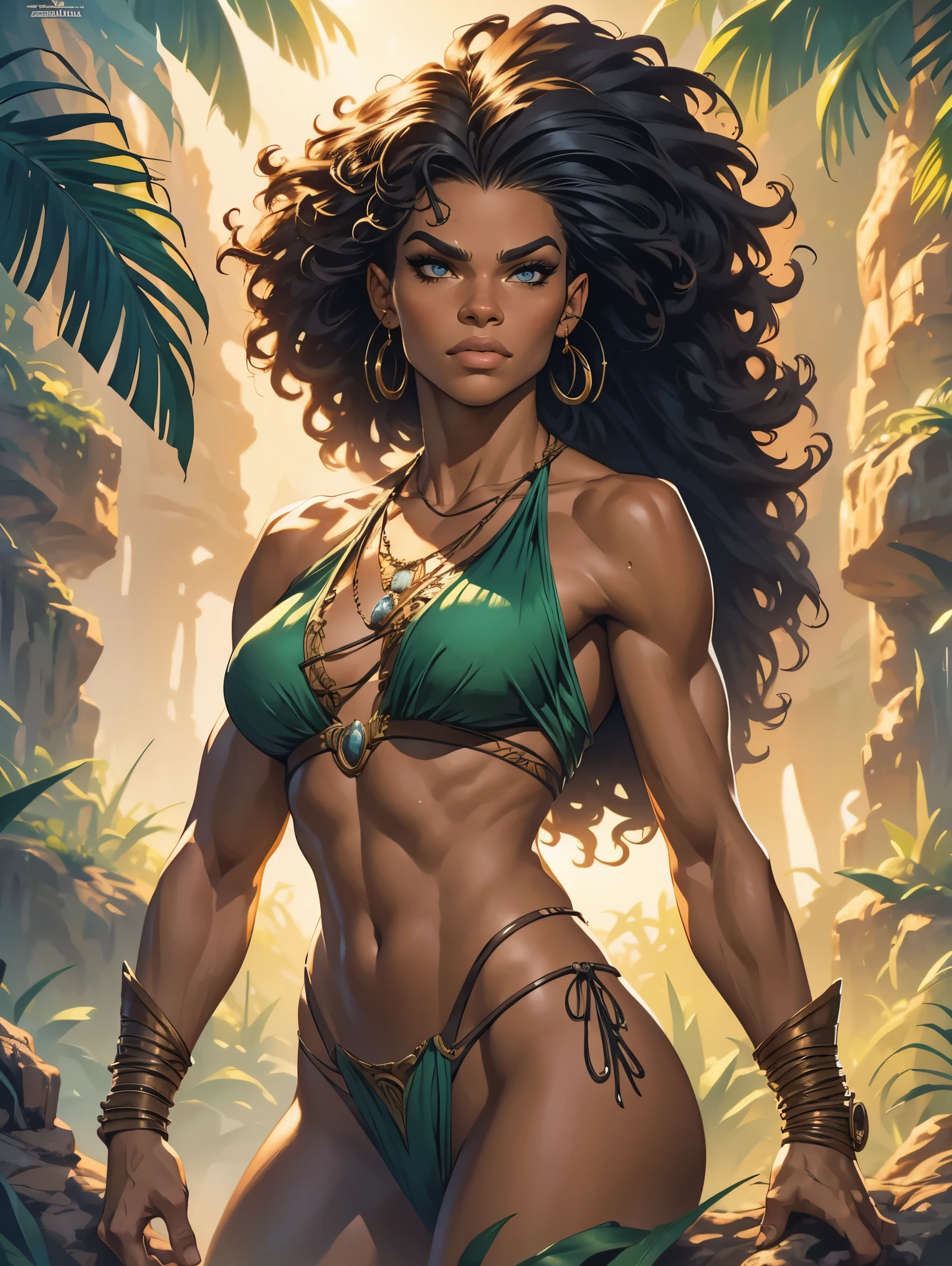 a female Tarzan based on Zendaya, highly detailed cinematic fantasy portrait, black outlining, full color illustration, in the style of BORIS VALLEJO & JULIE BELL, masterpiece, 8k, ultra-detailed, physically-based rendering, vivid colors, dramatic lighting, intricate background, sci-fi, photorealistic
