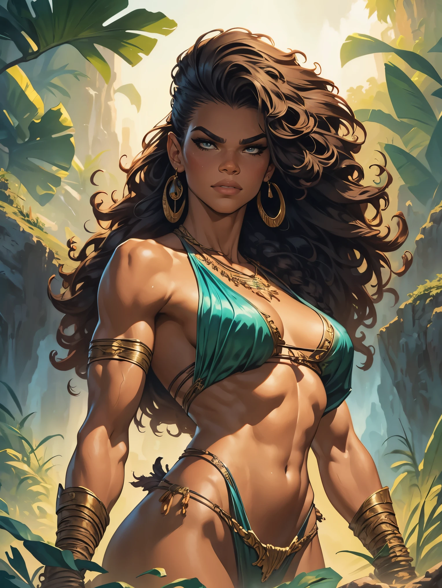 a female Tarzan based on Zendaya, highly detailed cinematic fantasy portrait, black outlining, full color illustration, in the style of BORIS VALLEJO & JULIE BELL, masterpiece, 8k, ultra-detailed, physically-based rendering, vivid colors, dramatic lighting, intricate background, sci-fi, photorealistic