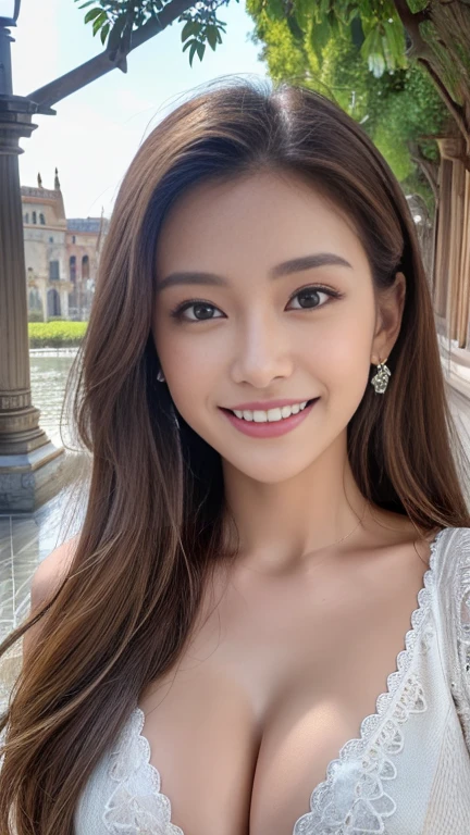 (masterpiece, Highest quality:1.1), (8K, RAW Photos, Photo realistic:1.2, f22), (Shiny skin), Detailed skin, Detailed face, smilee,fine grain,Long Hair, break, Real World, (Very detailed, Cleavage), Intricate details, smile, One Girl, (shirt)、 (Overseas tourist attractions:1.4)