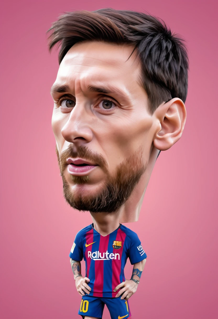 Lionel Messi. inspired by Eva Gonzalez, best quality, masterpiece, Ultra high detail, 8k. Pink background. ((Caricature, , big head))