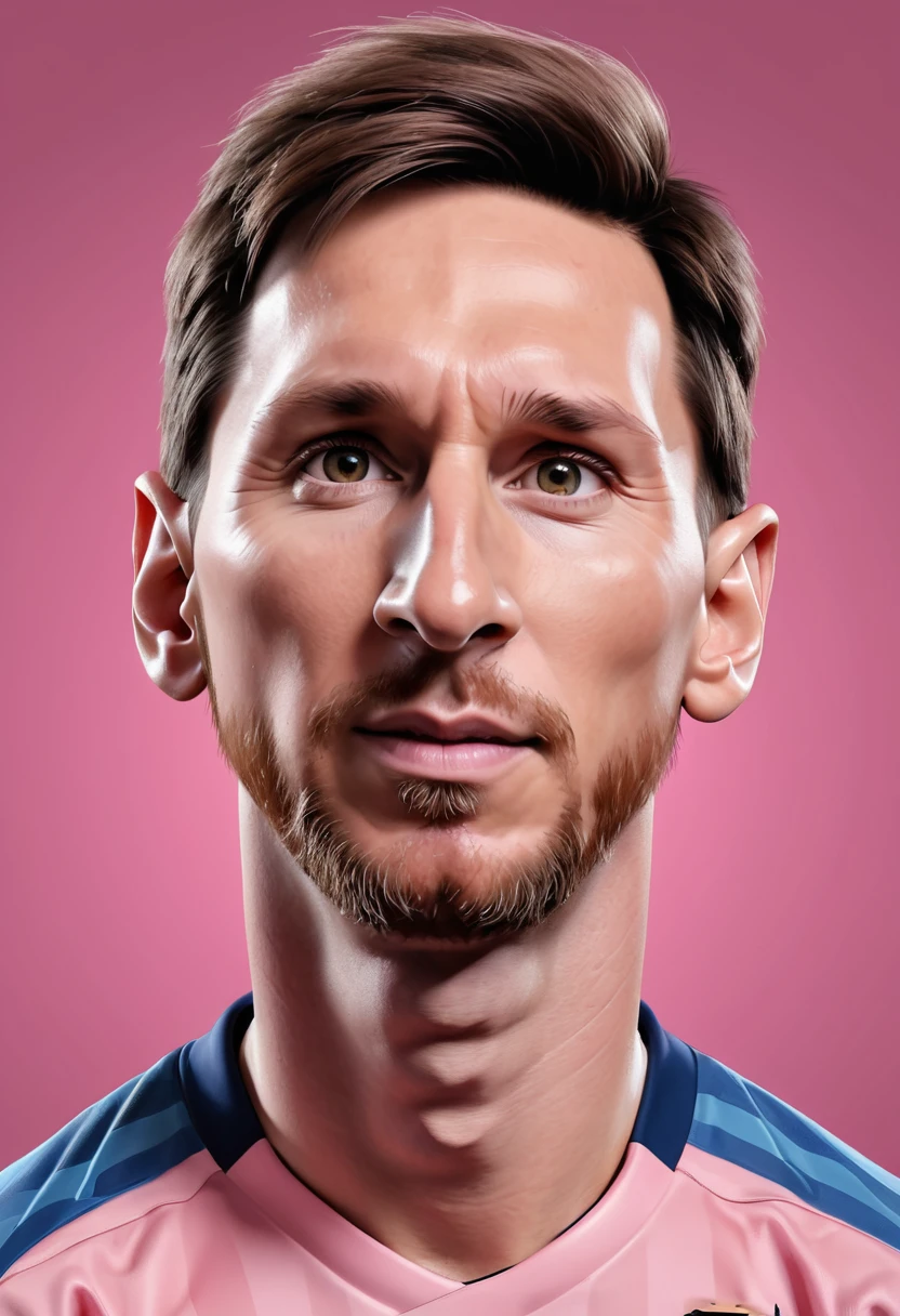 Lionel Messi. inspired by Eva Gonzalez, best quality, masterpiece, Ultra high detail, 8k. Pink background. ((Caricature, , big head))
