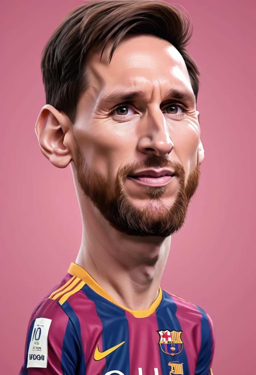 Lionel Messi. inspired by Eva Gonzalez, best quality, masterpiece, Ultra high detail, 8k. Pink background. ((Caricature, , big head))