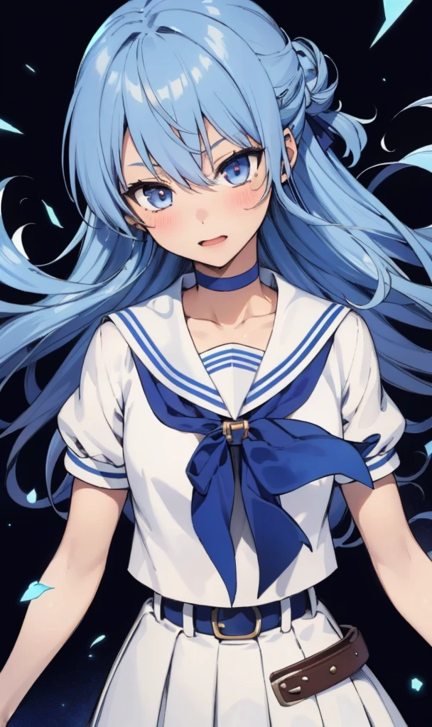 1girl, solo, detailed face, , SuiseiSchool, long hair, half updo, white serafuku, blue choker, blue bowtie, blue belt, white skirt, short sleeves