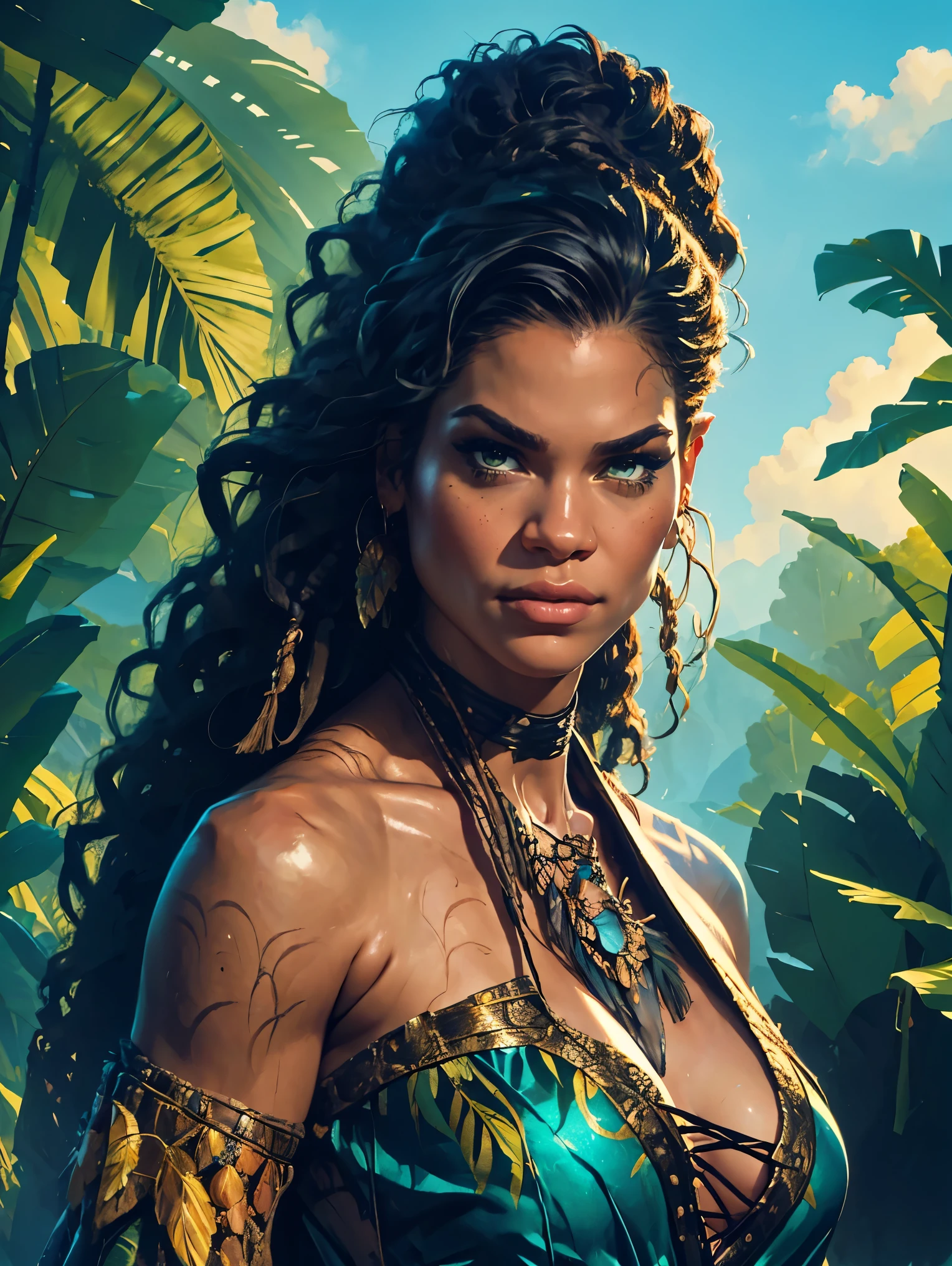 a female Tarzan based on Zendaya, highly detailed cinematic fantasy portrait, black outlining, full color illustration, in the style of BORIS VALLEJO & JULIE BELL, masterpiece, 8k, ultra-detailed, physically-based rendering, vivid colors, dramatic lighting, intricate background, sci-fi, photorealistic