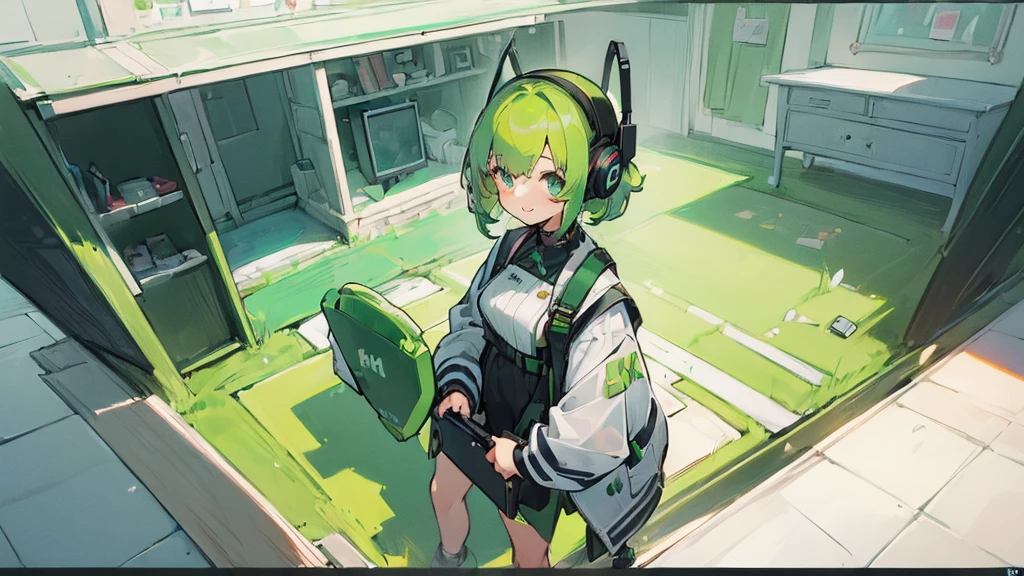 ((Highest quality, 8K, masterpiece: 1.3)), ((One girl:1.5)),Green Hair,Game Commentary,Headphones,A big smile,cute,In my room,Shortcuts,During gameplay