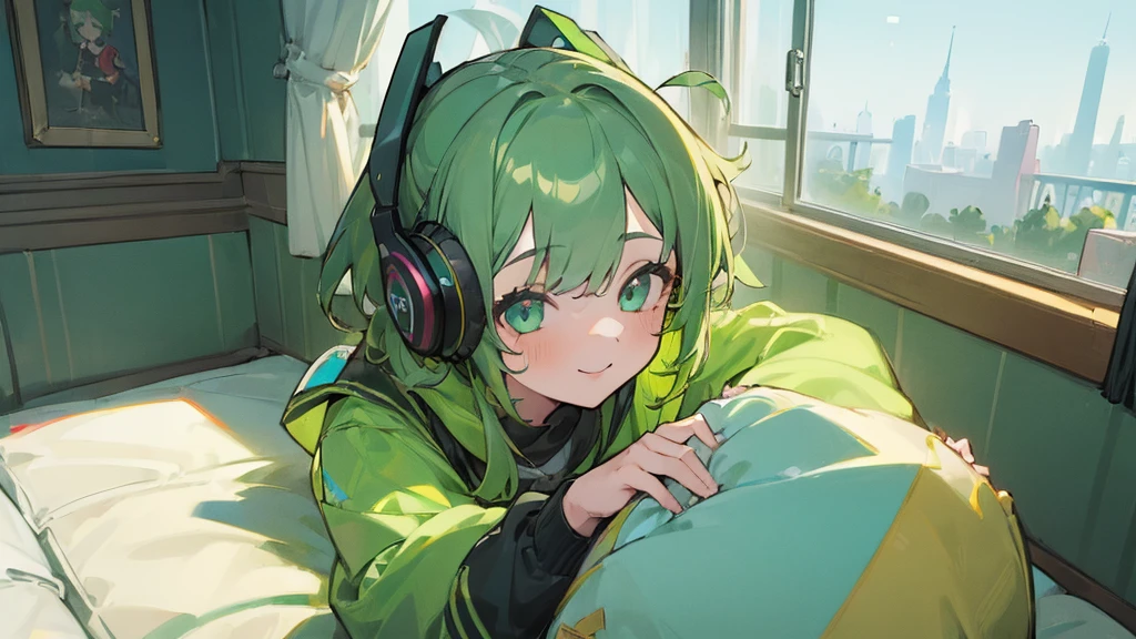 ((Highest quality, 8K, masterpiece: 1.3)), ((One girl:1.5)),Green Hair,Game Commentary,Headphones,A big smile,cute,In my room,Shortcuts,During gameplay