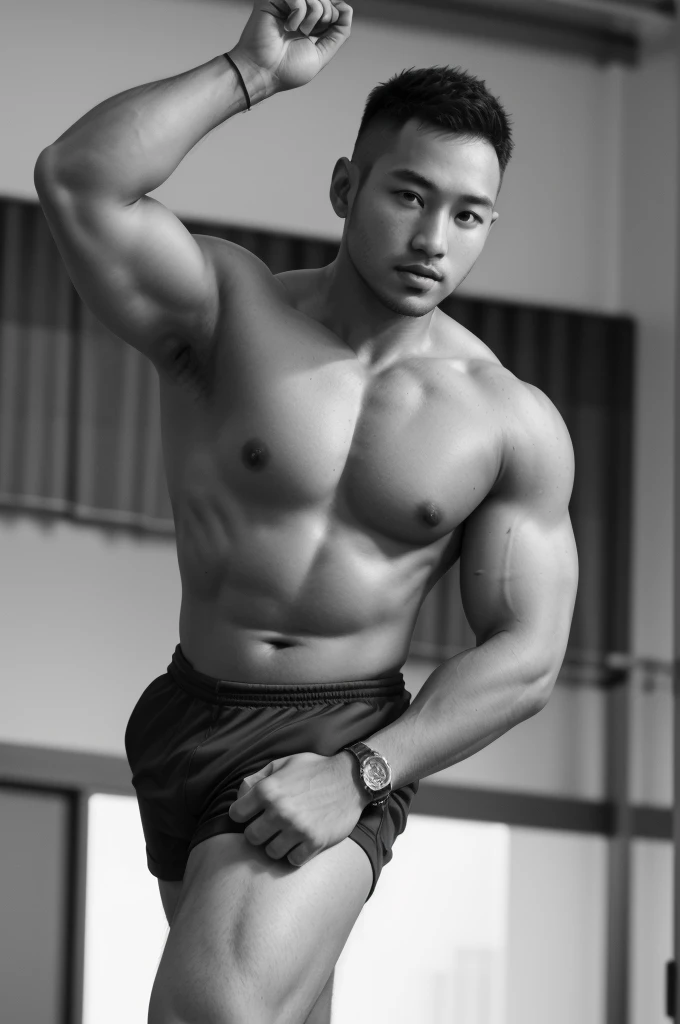 masterpiece, best quality, high resolution, realistic, handsome, photogenic, syahnk, SFW, a photo of a 35 year old gym frat (man:1.2) portrait, standing in a gym , doing military press, weights, stunning , short buzzcut hair,stubble head , (hypermuscle),looking at the viewer, flirting with the camera, charming, (tight white gym shirt ),(GS-Masculine:1), 8K UHD