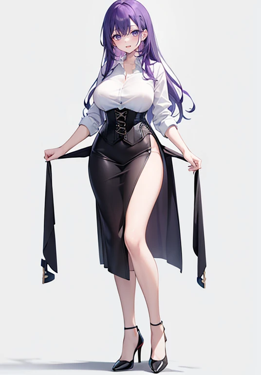 Purple hair,long hair,Adult female,suit,((White shirt)),((Rolling up your sleeves shirt)),(corset),(skirt),(slit),High heels,((Simple White background)),Smile,((Full body)),((whole body)),(((upright)))